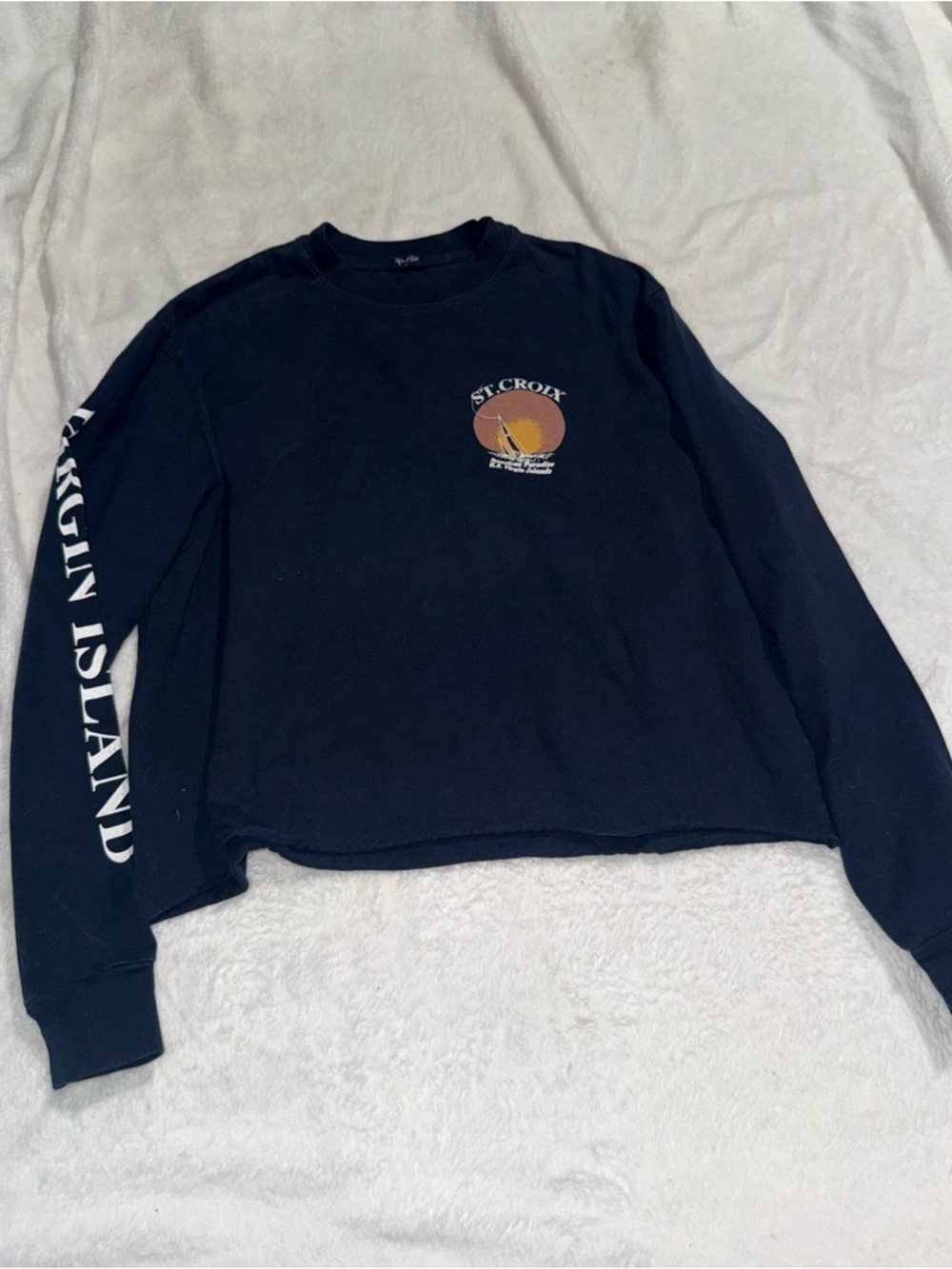 Brandy Melville John Galt cropped long sleeve graphic top featuring “St. Croix V